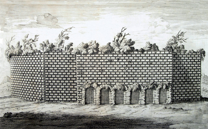 Fig.1 : Il ‘Tempio di Saturno’ a Sezze nella visione del Corradini, agli inizi del ‘700.