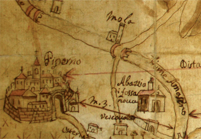Fig.2 : Pianta del territorio di Sonnino e confine con Terracina: particolare con il centro abitato di Piperno (Priverno).