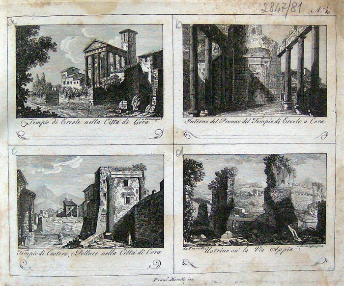 Fig.3 : F. Morelli, Cori tempio d’Ercole e tempio dei Dioscuri, inizio XIX sec. (Roma, Biblioteca Fondazione Marco Besso)