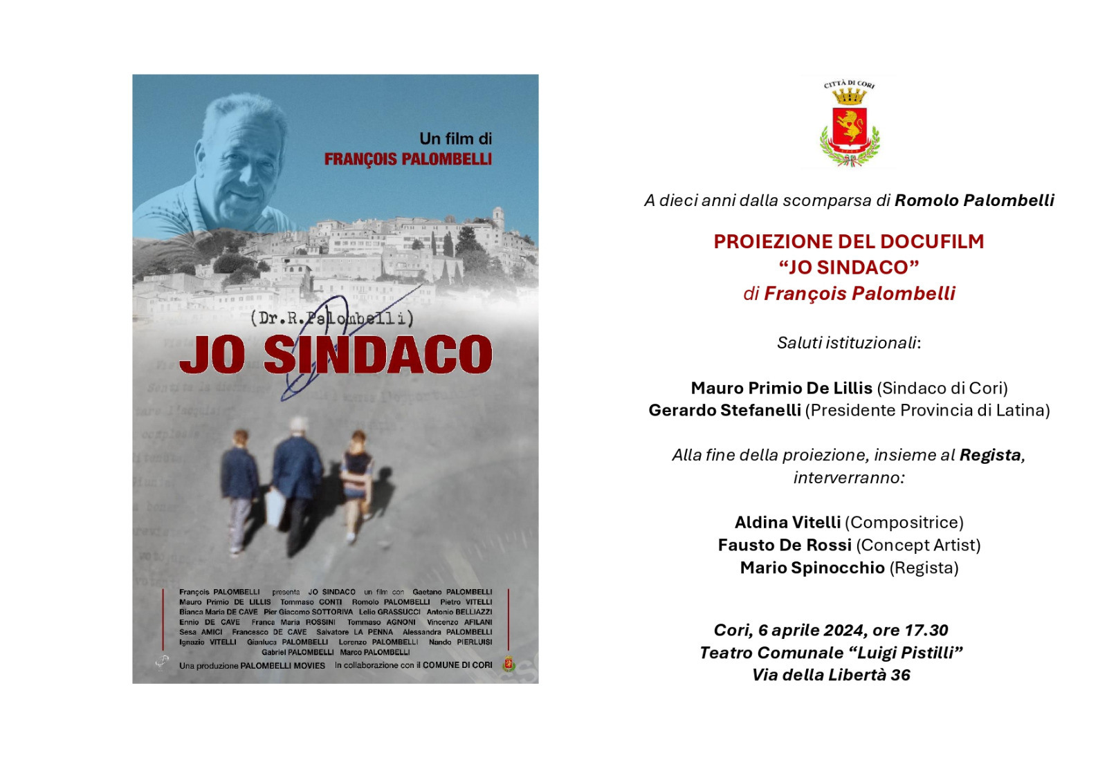 Cori: Proiezione del docufilm "JO SINDACO" di François Palombelli @ Teatro Comunale Luigi Pistilli